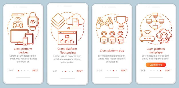 Cross platform multiplayer onboarding mobile app page screen vector template