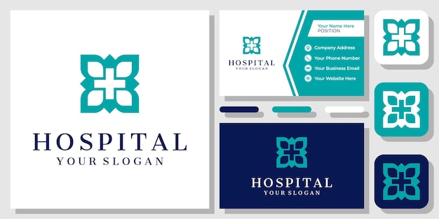 Cross Plus Medical Leaf Nature Hospital Health Care Green Logo Design with Business Card Template