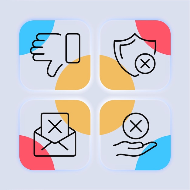 Cross set icon Forbidden error phone speech bubble file access error thumb up denied cancel close breakage Check mark concept Neomorphism style Vector line icon