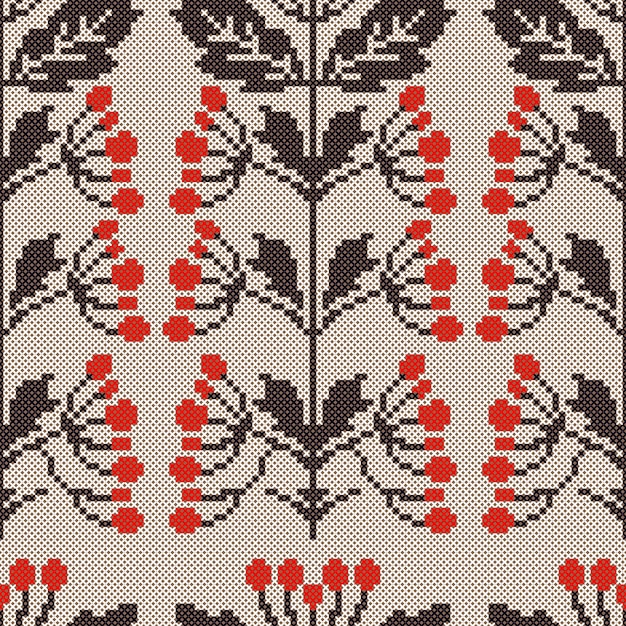 Cross stitch vector guelder rose seamless vintage pattern. Ukrainian motif craft sewing embroidery v