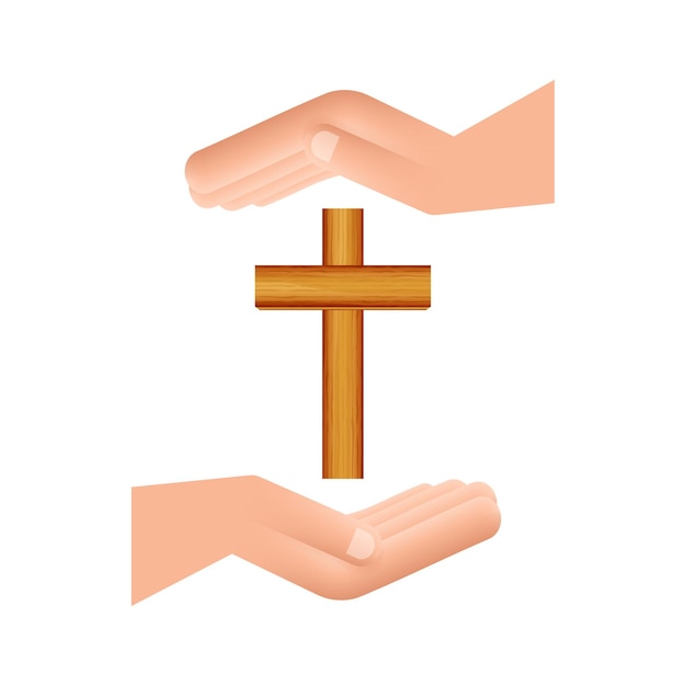 Cross wood icon in hands design on white background. Religion icon.