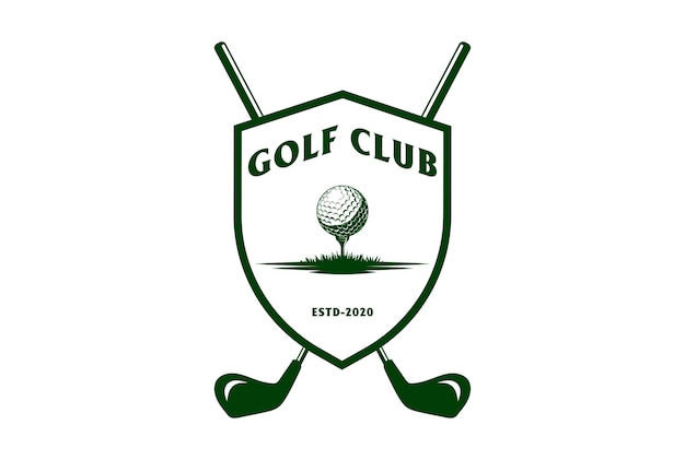 Crossed Golf Stick with Shield Ball and Tee for Course Sport Club Competition Logo Design Vector