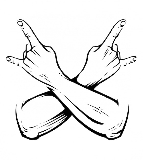 Crossed hands with rockÃÂ¢ÃÂÃÂnÃÂ¢ÃÂÃÂroll gesture  on white. Punk rock hands sign.  illustration.