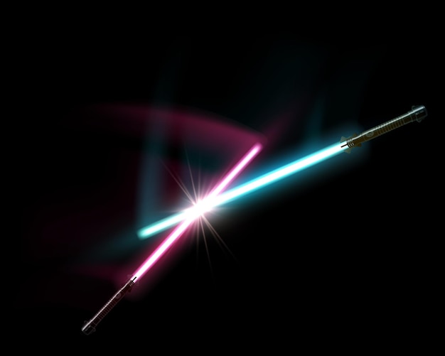 Vector crossed red and blue light sabers are a symbol of duel and confrontation duel with laser swords realistic illustration on dark background