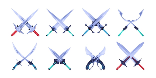 Crossed swords Metal fantasy medieval knight sharp blades cartoon style cross of two old broadsword weapon for rpg sprite game asset Vector set