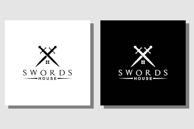 crossed swords with house silhouette knight warrior protection logo design