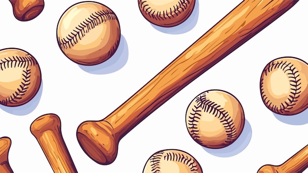 Vector crossed wooden baseball bats and leather balls on white background