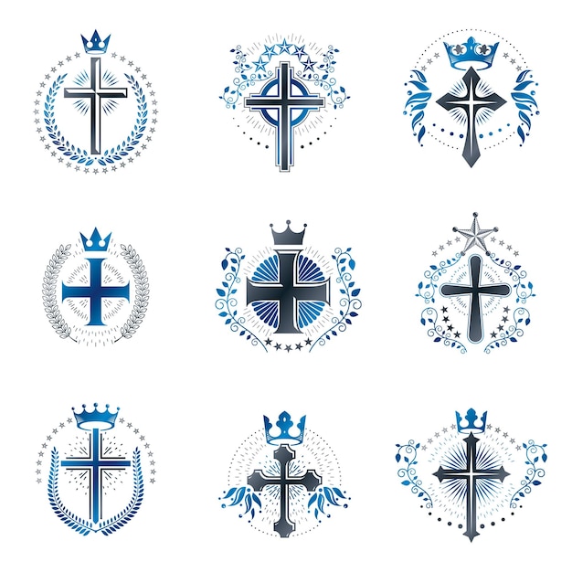 Crosses Religious emblems set. Heraldic Coat of Arms, vintage vector logos collection.