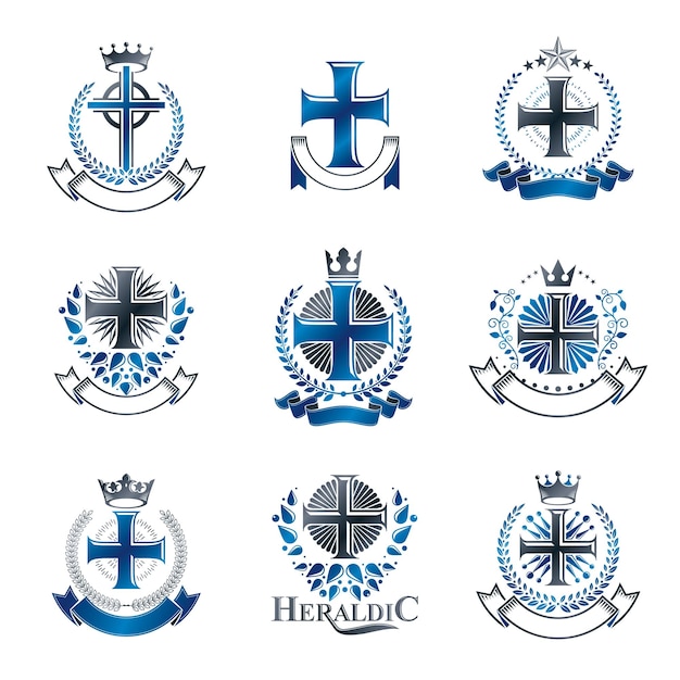 Crosses Religious emblems set. Heraldic Coat of Arms, vintage vector logos collection.