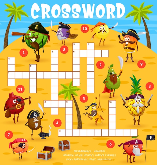 Crossword game cartoon fruits pirates characters