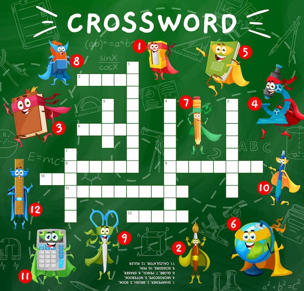 Crossword game with cartoon stationery characters