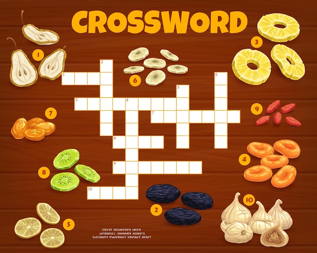 Crossword grid find word game with dried fruits