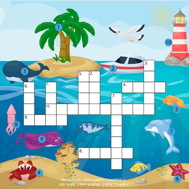 Crossword kids magazine book puzzle game of sea underwater ocean fish and animals logical worksheet colorful printable   Illustration.