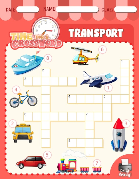 Crossword puzzle game template about transportation