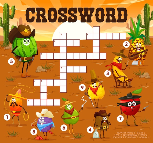 Crossword quiz game of cartoon fruit cowboys