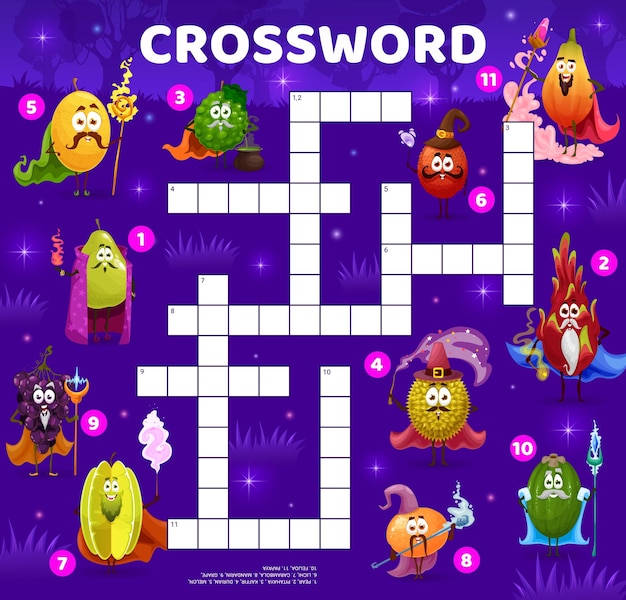 Crossword quiz with cartoon fruit wizard character