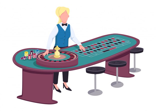 Vector croupier flat color  faceless character. female dealer near roulette table. person ready to spin wheel and take bets. woman in uniform behind gambling counter isolated cartoon illustration