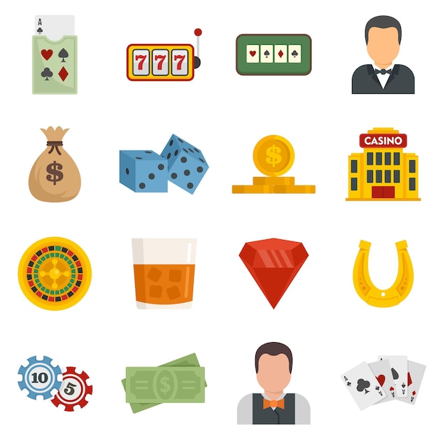 Croupier icons set. Flat set of croupier vector icons isolated on white background