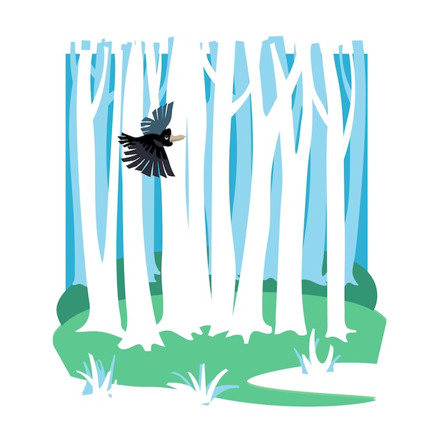 A crow flies in the forest. Flat design.