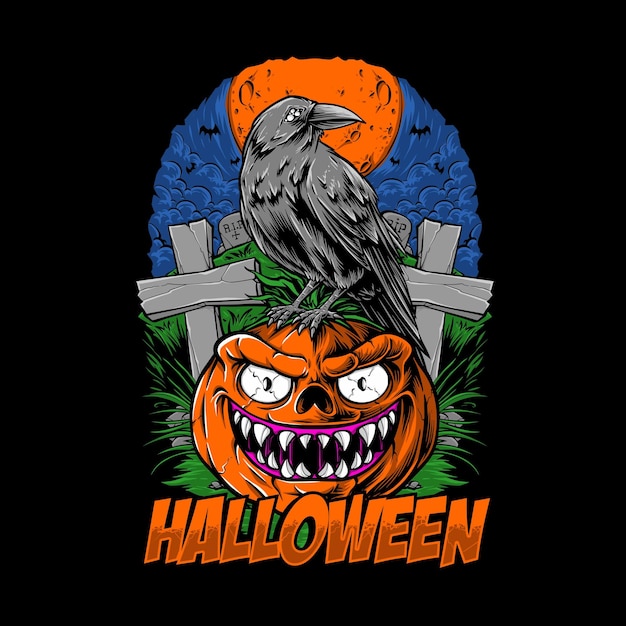 Crow and halloween pumpkin head illustration