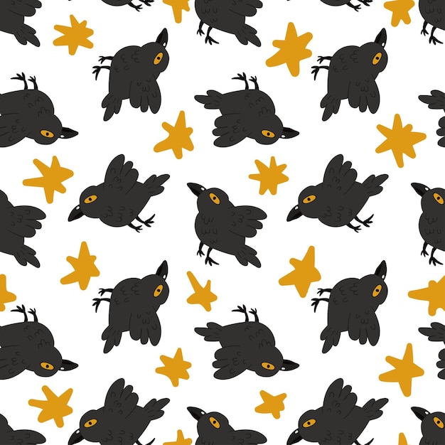 Crow magical flying bird and star vector seamless pattern Halloween black raven texture