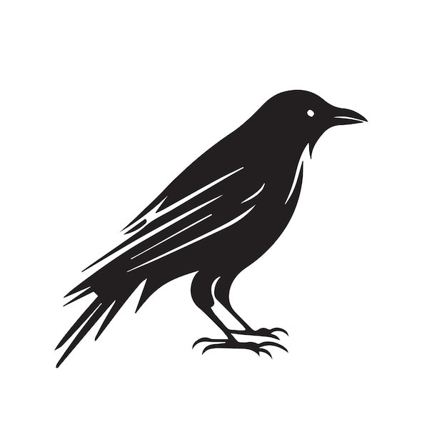 Crow minimal black and white vector illustration icon Black bird with feathers and dark beak