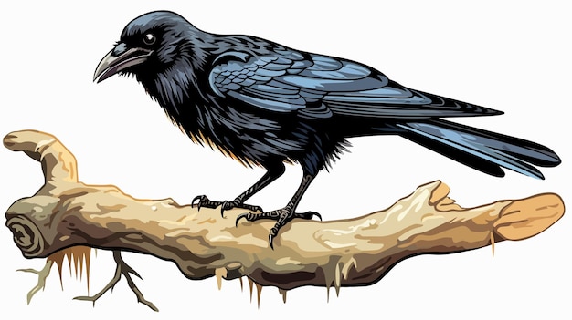 Vector crow with meat piece on tree branch