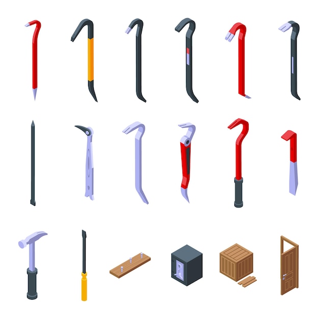 Crowbar icons set isometric vector Breaking burglar