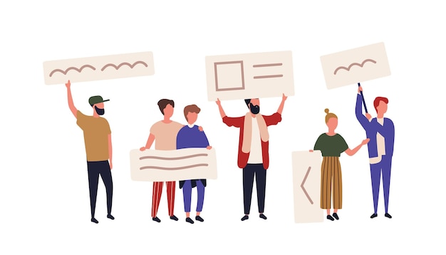 Crowd of activists or demonstrators holding banners or placards. Men and women taking part in public protest meeting, street demonstration, picketing, rally or march. Flat cartoon vector illustration.