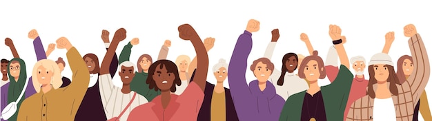 Vector crowd of angry protesters with fists raised up at demonstration people supporting black lives matter movement and protesting against discrimination colored flat vector illustration isolated on white