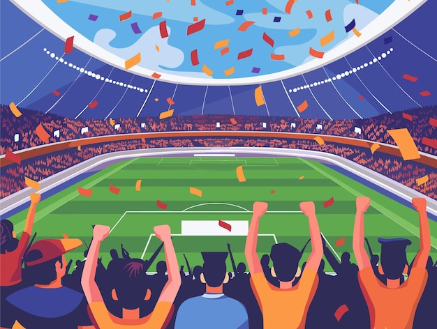 Vector crowd celebrating goal soccer stadium confetti flying fans cheering game win multiethnic group