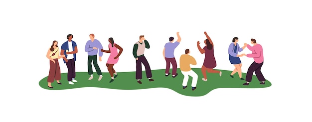 Vector crowd dances on open air music festival group of friends fun in park men and women stand communicate in public place summer holiday event flat isolated vector illustration on white background