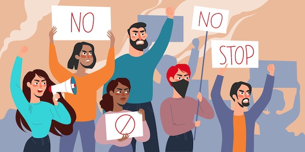 Crowd of diverse people at the protest Protesting activists with posters and loudspeakers vector flat illustration