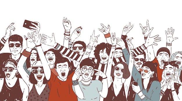 Crowd of happy people or music fans screaming, singing and dancing with raised hands. Excited spectators or audience of summer open air festival. Colored hand drawn realistic vector illustration