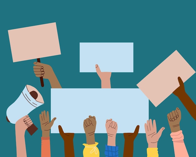 A crowd of people of different nationalities and at a protest Hands holding templates of banners