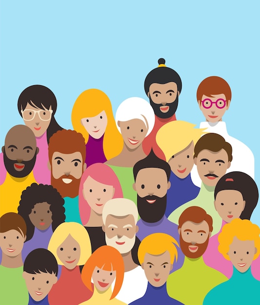 Crowd of people illustration Crowded group of men women various nationalities Vector in flat style