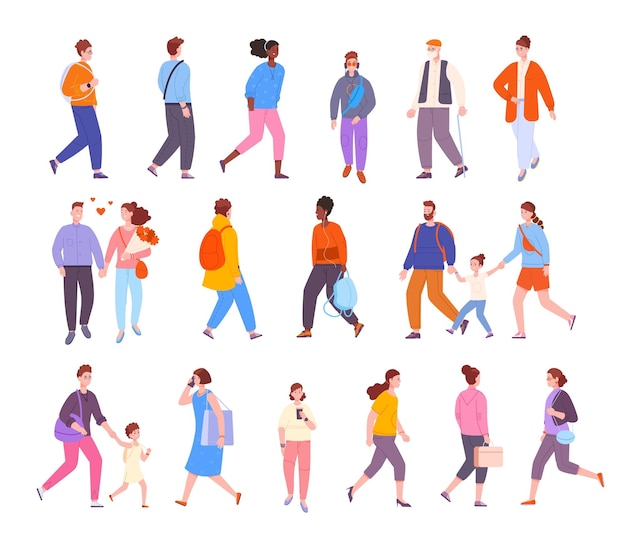 Crowd people outdoor walking Walks adult or young persons in city stylish guys girls family active child student walk to university couple woman man vector illustration of female young character