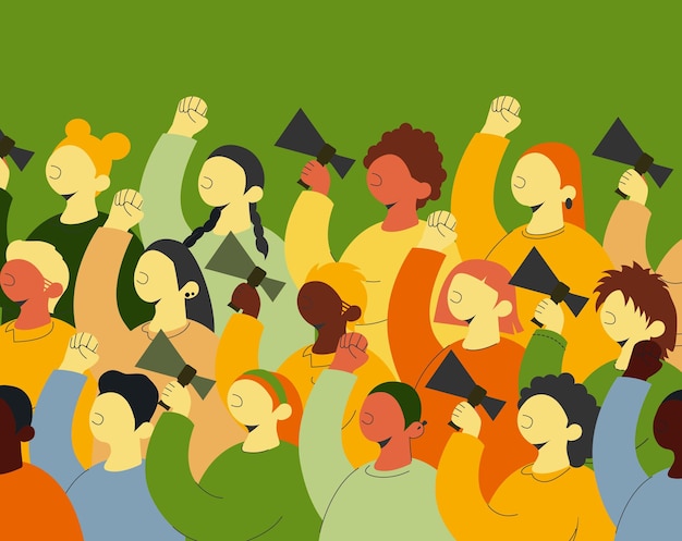 A crowd of protesters with fists in the air and megaphones at the demonstration Color flat vector illustration