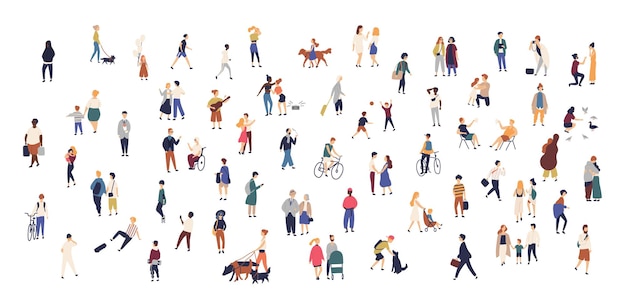 Crowd of tiny people walking with children or dogs, riding bicycles, standing, talking, running. Cartoon men and women performing outdoor activities on city street. Flat colorful vector illustration