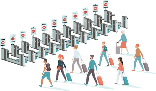 Vector crowd of upset passengers with closed egates in the airport covid19 outbreak concept