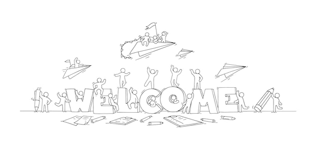 Crowd of working little people with big letters. Doodle cute miniature scene with message Welcome