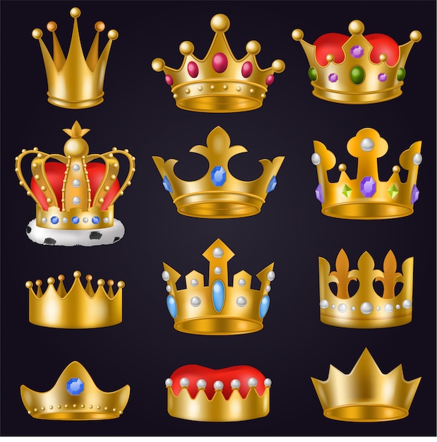 Crown vector golden royal jewelry symbol of king queen and princess illustration sign of crowning prince authority and crown jeweles set isolated