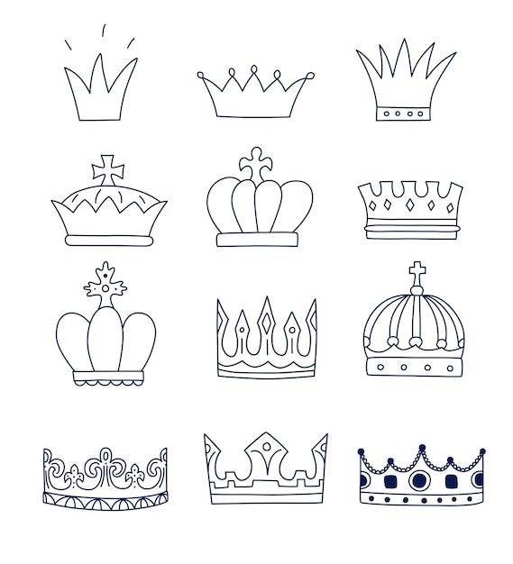 Crowns hand drawn set Monarchy and power symbol collection Queen and king head jewelry decoration