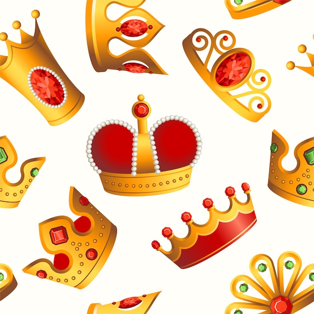 Crowns pattern - seamless modern material design background. Golden and red royal symbols of different shapes and forms. Template for wrapping paper, fabric, cover of books, textile, business cards