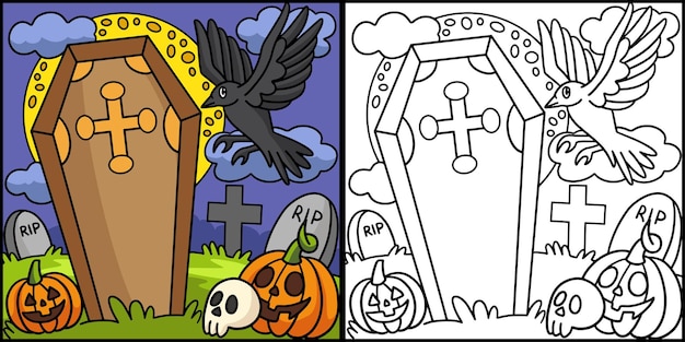 Crows In A Cemetery Halloween Colored Illustration