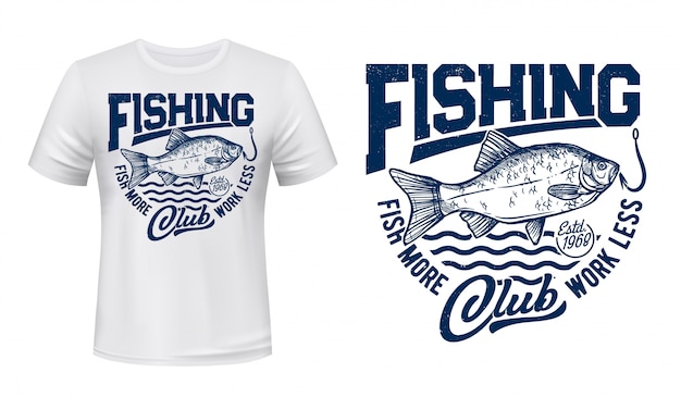 Crucian fish t-shirt print , fishing club and sea waves,  blue grunge . River crucian carp on hook icon, fisher sport club sign, big fish catch fishing for t shirt print