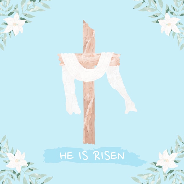 Crucifix or Cross and Flowers Lilies and Palm Leaves He is Risen Resurrection of Christ Easter Baptism