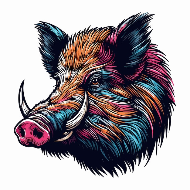 Cruel wild boar colorful head vector illustration white background