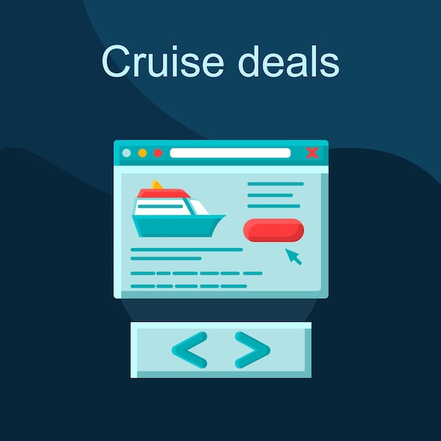 Cruise deal flat concept vector icon. Travel agency website idea cartoon color illustrations set. Voyage, journey, trip planning. Tickets online booking. Isolated graphic design element