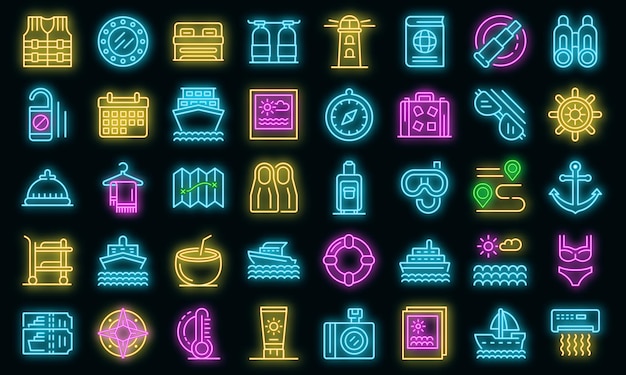 Cruise icons set. Outline set of cruise vector icons neon color on black